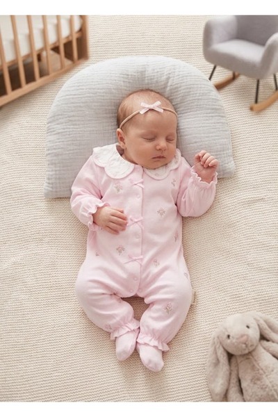Valia Baby Floral Embroidery Collared Ribbon 100% Cotton Baby Girl Jumpsuit