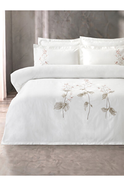 Dantela Avoria Embroidered Cotton Satin Double Duvet Cover Set - Cream