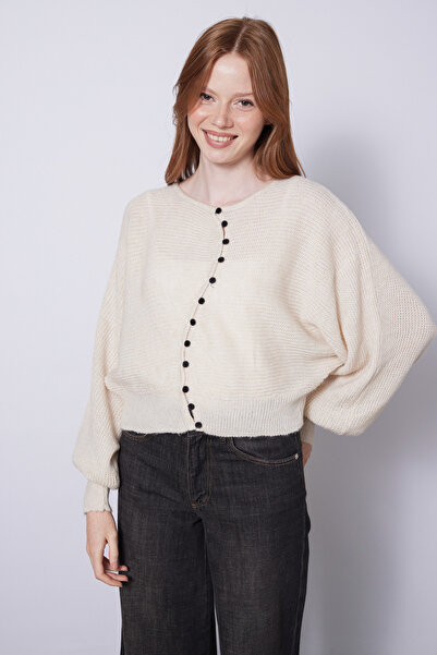 Nisan Asymmetric Buttoned Bat Sleeve Knitted Cardigan Stone