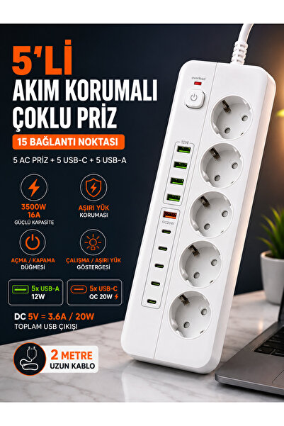 MEGAMUS 5’li Akım Korumalı Çoklu Priz – 5 USB-C + 5 USB-A | 3500W 16A | 2 Met...