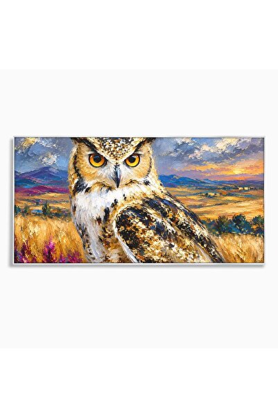 Luxcanva Tablou Canvas Bufnita In Peisaj Rural 140x70 cm cu Rama Argintiu Buf...