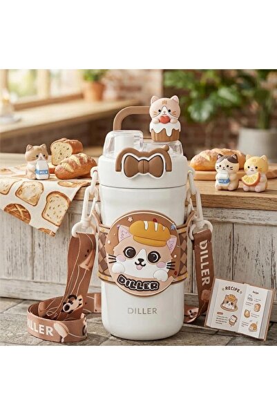 DILLER D9391 Kedi Figür Paslanmaz Çelik Desenli Termos 490 Ml Kahverengi Unisex Termos Ve