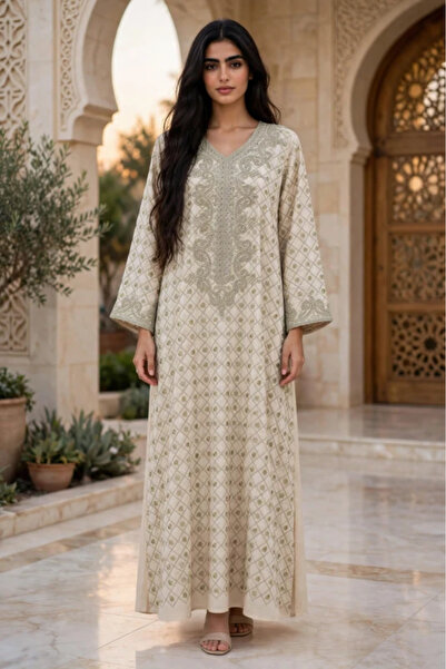 IKKXA Geometric Lattice Embroidered V Neck Jalabiya