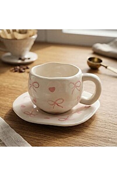 PALTO TASARIM Pink Heart Ribbon Design Cream Turkish Coffee Cup - Gift Cerami...