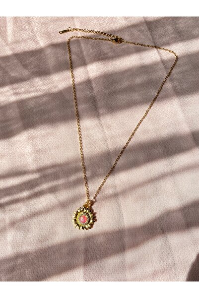 Hiis Store Gold Renk Çelik Ayçiçeği Pembe Taşlı Kolye Paslanmaz Çakralı Güneş...
