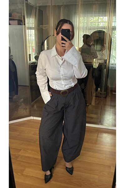 ecemce butik Kemerli Ekose Desenli Baggy Pantolon