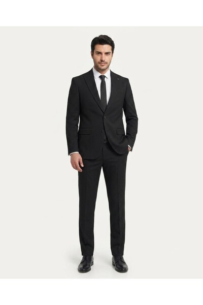 Presto Erkek 6 Drop SlimFit Sivri Yaka Siyah Takım Premium Kumaş Özel Kalıp D...
