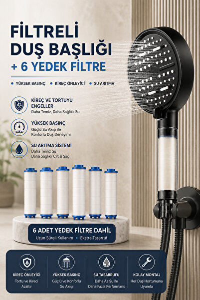 VSA Filtreli Duş Başlığı 7 Fonksiyonlu | 6 Yedek Filtre Hediyeli, Yüksek Basınçlı, Kireç ve Tortu Filtreli Her Banyoya Hortumuna UYGUN