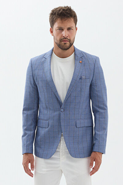 Frappoli Trieste Men's Blue Mono Collar Plaid Slim Fit Polyviscon Fabric Spor...