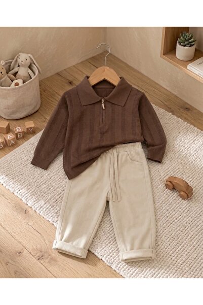 Valia Baby Classic Polo Collar Linen Pants and Sweater Baby Boy Set