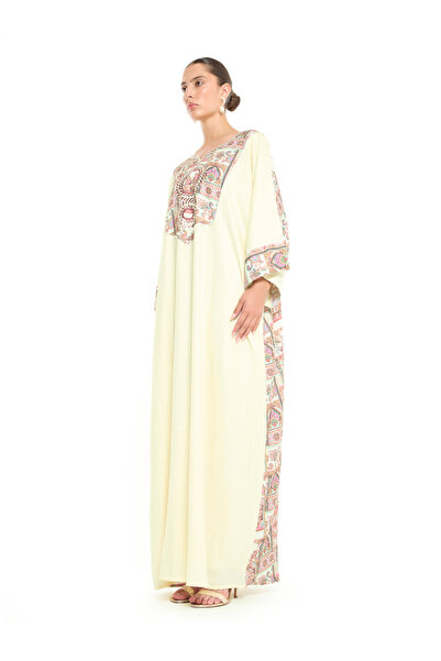 Thouq By Styli Beige A-Line Maxi Jalabiya with Intricate Embroidery