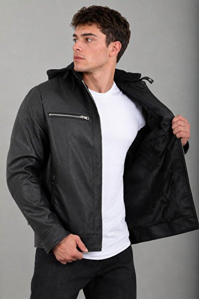 ByTrend Combed Cotton Hooded Faux Leather Coat Kmd 836_50519-1