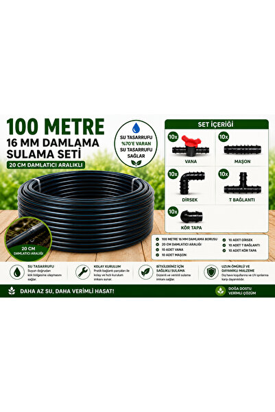 Delikli 100 Metre Damlama Bahçe Sulama Borusu ve 50 Adet Ek Parça Seti