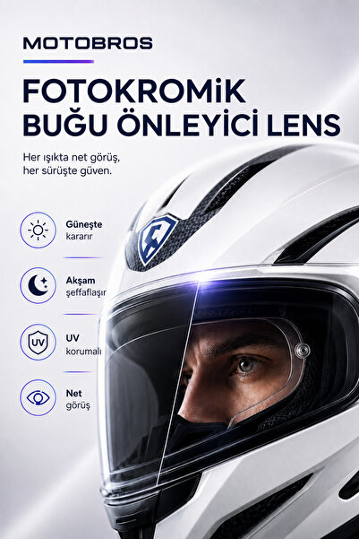 Motobros Motosiklet Kask Pinlock Lens Buğu Önleyici Güneşte Kararan Fotokromi...