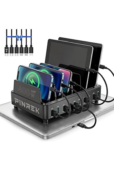PINREK محطة شحن USB C بقوة 400 واط لأجهزة متعددة، مع منفذين بقوة 100 واط