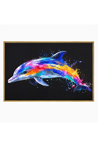 Luxcanva Tablou Canvas Delfinul Curcubeu 60x40 cm cu Rama Auriu Delfin Curcub...