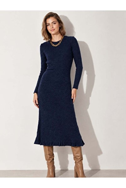 Irmak Kerekli Women's Crew Neck Ribbed Midi Knitwear Dress 0422 Navy Blue