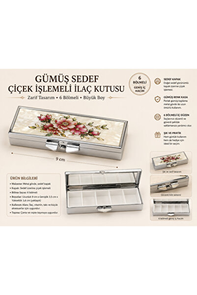 Atak Hediyelik Gümüş Renk Çiçek İşlemeli 6 Bölmeli Büyük İlaç Kutusu – 9 cm
