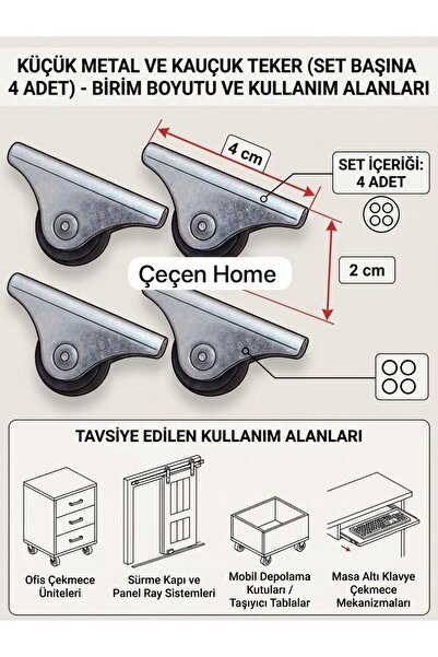 ÇEÇEN HOME 4 Adet Küçük Metal Kauçuk Teker Seti (4x2 cm) - Ofis Çekmecesi, Ma...