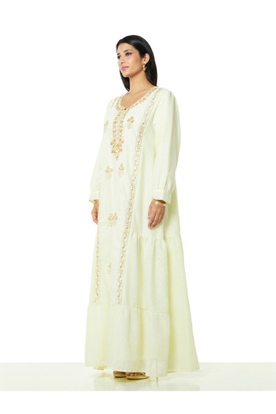 Thouq By Styli Cream A-Line Maxi Jalabiya with Gold Embroidery