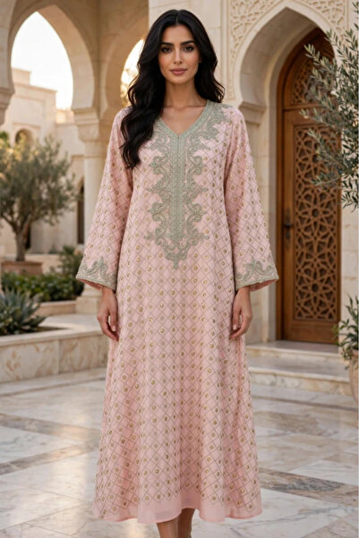 IKKXA Geometric Lattice Embroidered V Neck Jalabiya