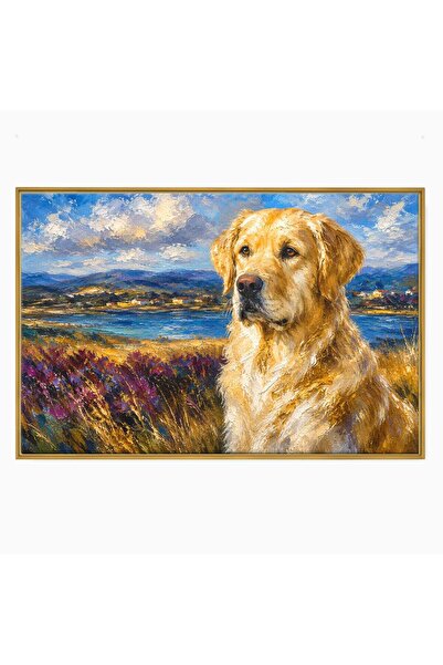 Luxcanva Tablou Canvas Golden Retriever in Peisaj 70x50 cm cu Rama Auriu Gold...