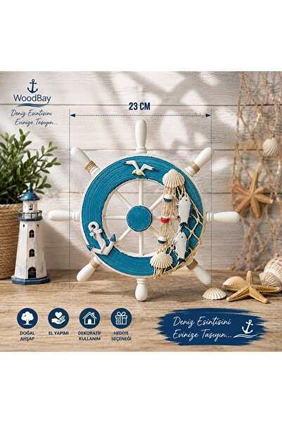 WoodBay Ahşap Marin Dümen 23 cm Denizci Temalı Dekoratif Duvar Süsü Balık Ağl...