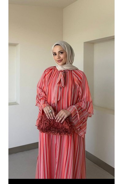 Olbia Women's Orange Striped Long Chiffon Dress with Tie Detail and Flared Sleeves