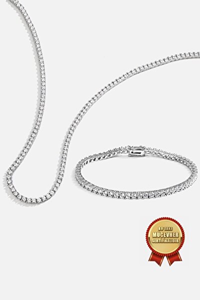 MEKS JEWELS 925 Ayar Gümüş Zirkon Taşlı Beyaz Altın Kaplama 3mm Su Yolu Set