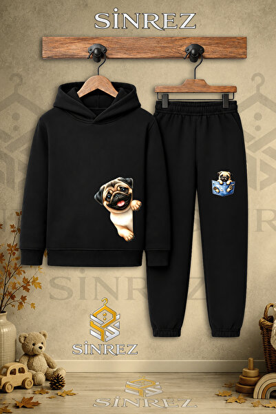 SİNREZ Children's Unisex Single-Piece Pug Half-Side Printed Hooded Tracksuit Set
