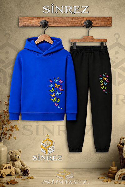 SİNREZ Children's Unisex Single Multi-Butterfly Soleni Printed Hooded Tracksu...