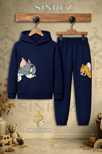 SİNREZ Çocuk Unisex Tekli Kedi Fare Kafalar Yanda Baskılı Kapşonlu Eşofman Ta...