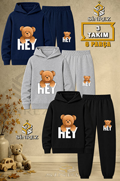 SİNREZ Children's Unisex 3-Piece Set with Bear and Text Printed Hooded Tracksuit