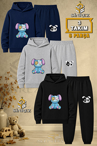 SİNREZ Children's Unisex 3Lu Set Teddy Bear Patched Purple Blue Printed Hoode...