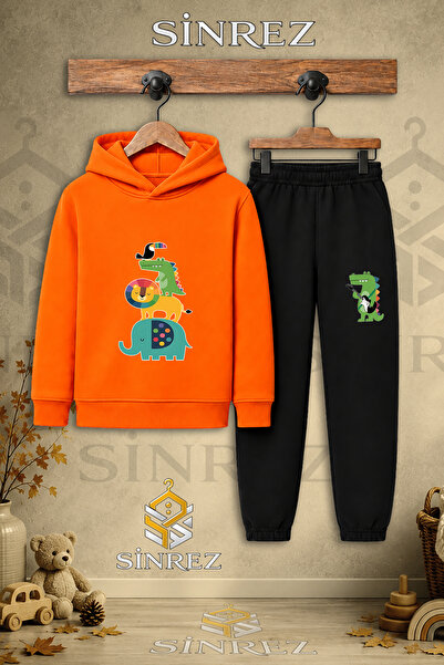 SİNREZ Children's Unisex Single-Piece Animals Superimposed Printed Hooded Tra...