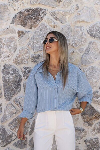 bytugcekaya قميص فيسكوز مخطط باللون النيلي مقاس قياسي