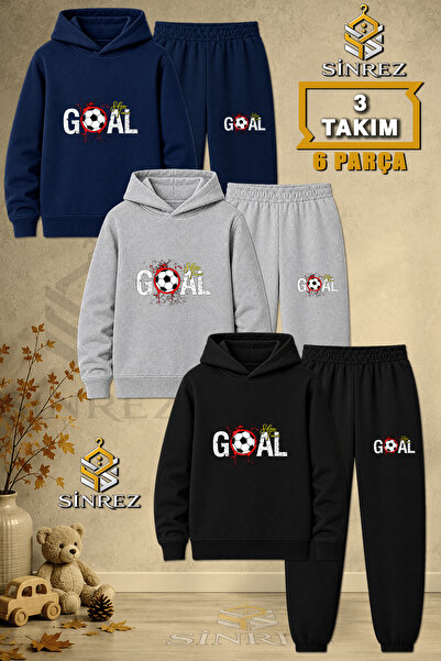 SİNREZ Children's Unisex 3Lu Set Goal Top Stained Text Printed Hooded Tracksu...