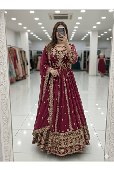MYSMAR Dark Pink Faux Georgette Gown - FFT6780 | Dark Pink-Size:M-38-Inches