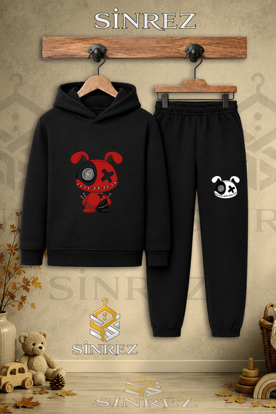 SİNREZ Children's Unisex Single Teddy Bear Patched Red Black Printed Hooded T...