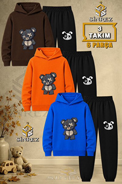 SİNREZ Children's Unisex 3Lu Set Teddy Bear Patched Gray Printed Hooded Track...