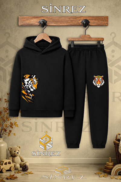 SİNREZ Children's Unisex Single Tiger Hooded Tracksuit Set with Sagging Print...
