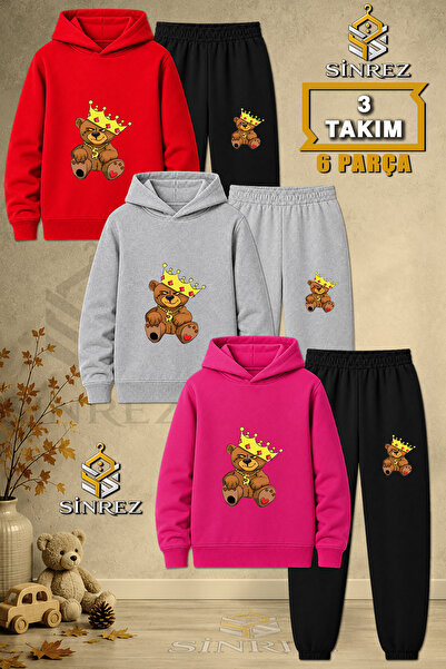 SİNREZ Children's Unisex 3Lu Set Teddy Bear Printed Hooded Tracksuit Set