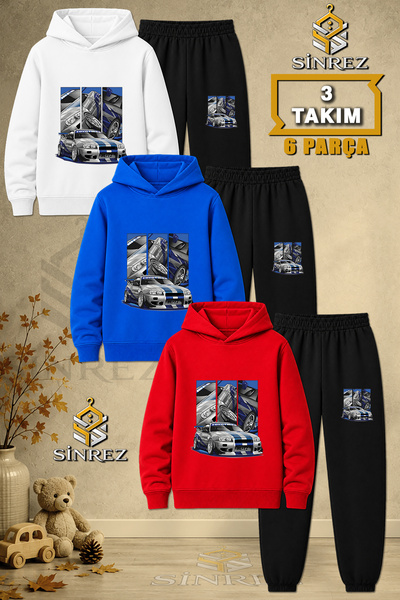 SİNREZ Children's Unisex 3Lu Set Car Mavigri Square Multi Printed Hooded Trac...