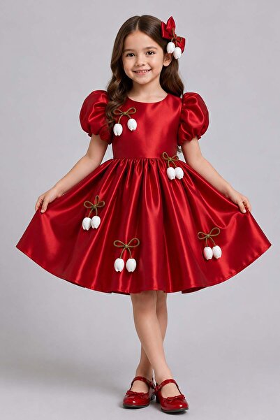 Riccotarz Girl's Watermelon Sleeves and Tulip Ribbon Detailed Skirt, Fluffy P...