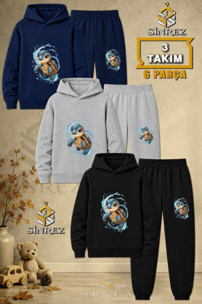 SİNREZ Children's Unisex 3Lu Set Karette Karetta Printed Hooded Tracksuit Set...