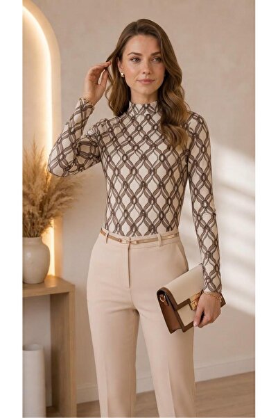 ladyzey Women Chain Pattern Half Fisherman Long Sleeve Blouse