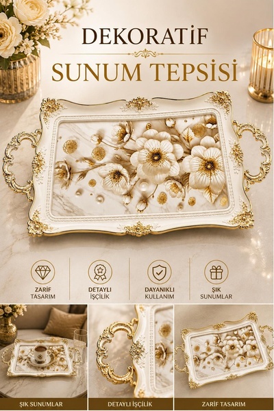 Kitchen Beauty Dekoratif Tepsi - Detaylı Çiçek Desenli Kulplu Sunum Tepsisi -...