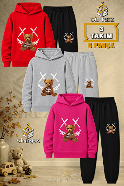 SİNREZ Children's Unisex 3Lu Set Teddy Bear Carpi Ip White Printed Hooded Tra...