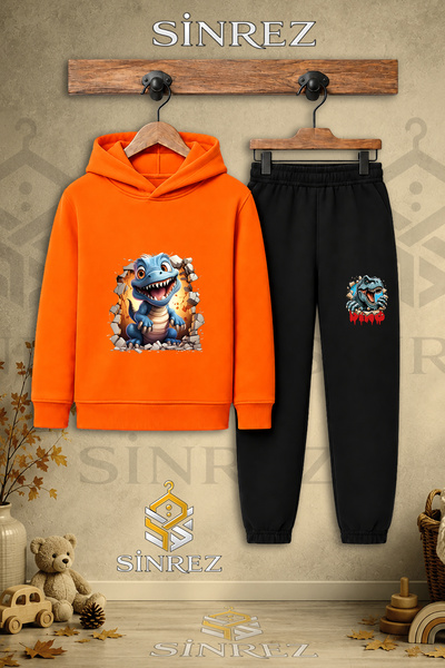 SİNREZ Children's Unisex Single Dinosaur Blue Cave Escape Printed Hooded Trac...