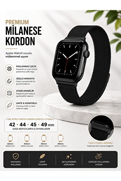 Apple Watch Uyumlu Milanese Kordon Siyah | Manyetik Çelik Örgü Kordon 42/44/45/49mm